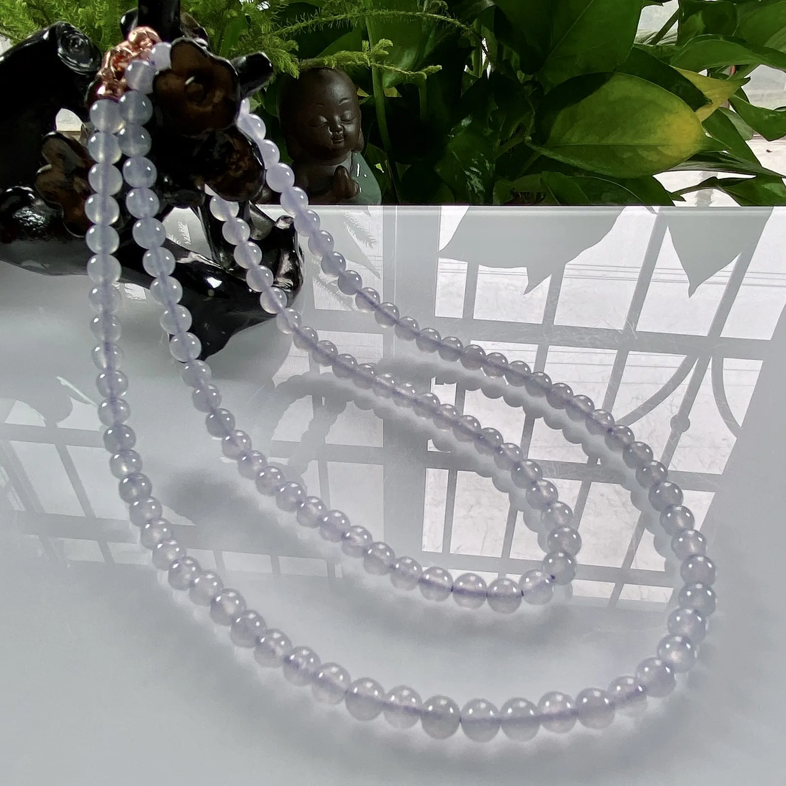 缅甸天然翡翠A货，卡5冰种起光浅紫冰紫圆珠项链手链，尺寸：5mm/120颗，长度590mm，重量：2