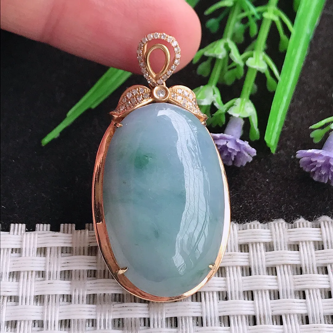 天然A货翡翠44/22.2/9.3老坑18k金镶嵌紫罗兰大蛋面吊坠翡翠鸽子蛋玉坠