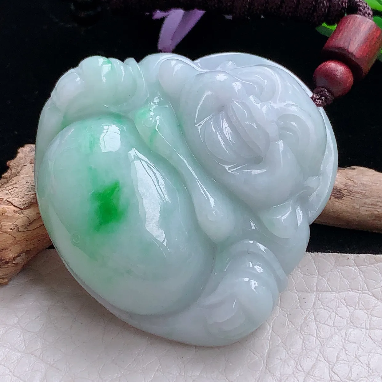 zen实拍46.8*48*14缅甸天然翡翠飘绿大佛公吊坠 大肚弥勒佛像玉坠