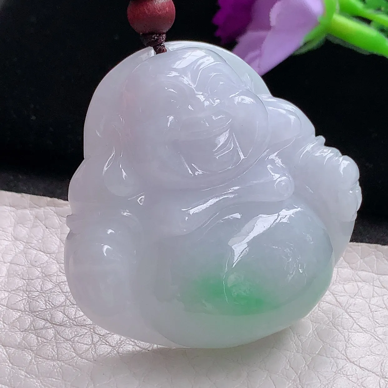 zen实拍41.8*43.6*12缅甸天然翡翠飘绿大佛公吊坠 白底青大肚弥勒佛像玉坠