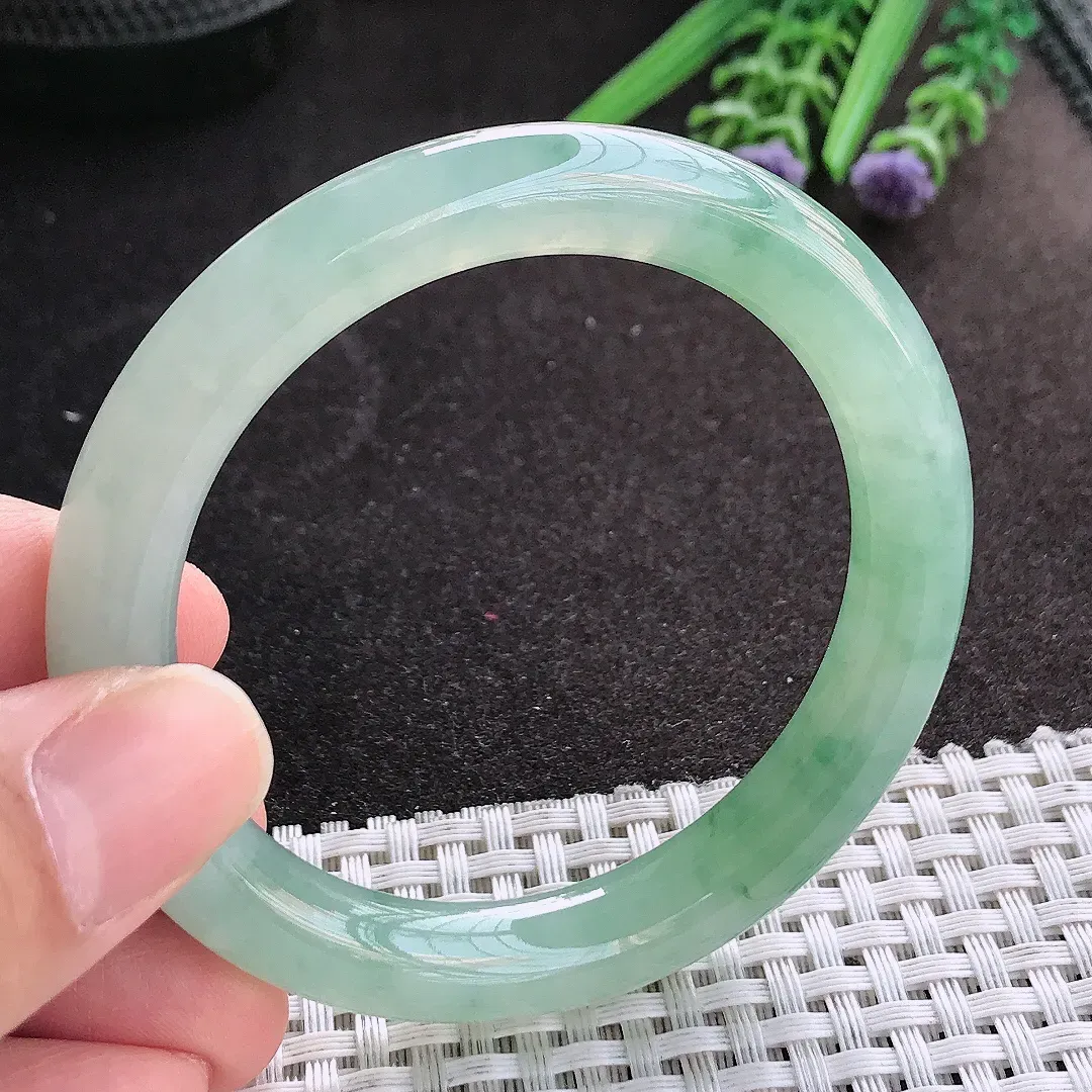 天然A货翡翠52.8/9.3/9.2老坑冰胶果冻冰晴飘花圆条手镯翡翠玉镯