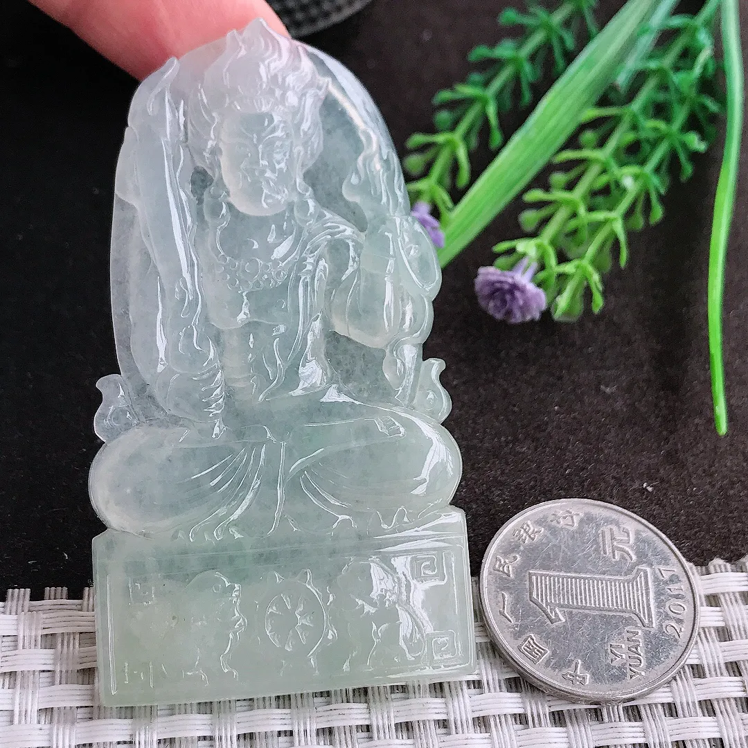 天然A货翡翠73/40/5.8老坑冰胶果冻冰晴不动明王吊坠翡翠挂件