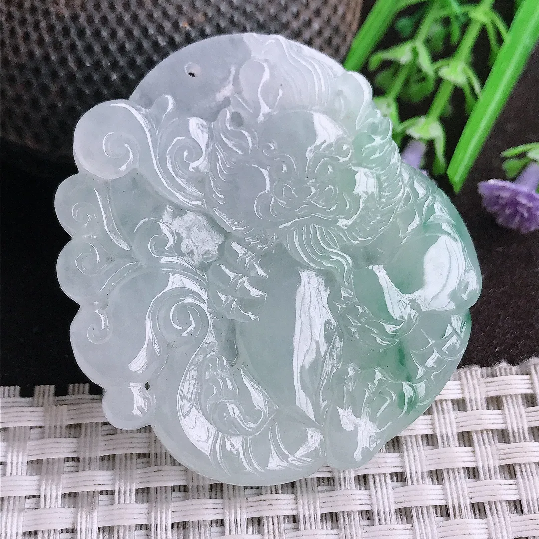 天然A货翡翠50.5/46/5.7老坑冰胶果冻飘花钟馗吊坠翡翠挂件