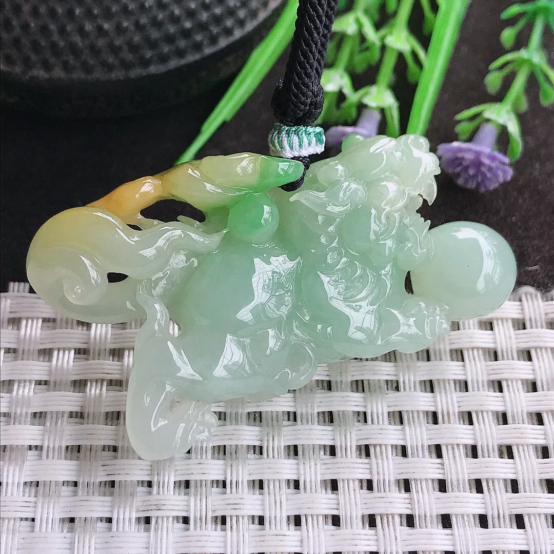 天然A货翡翠54/13.6/28.5老坑精美冰润黄加绿貔貅吊坠翡翠挂件