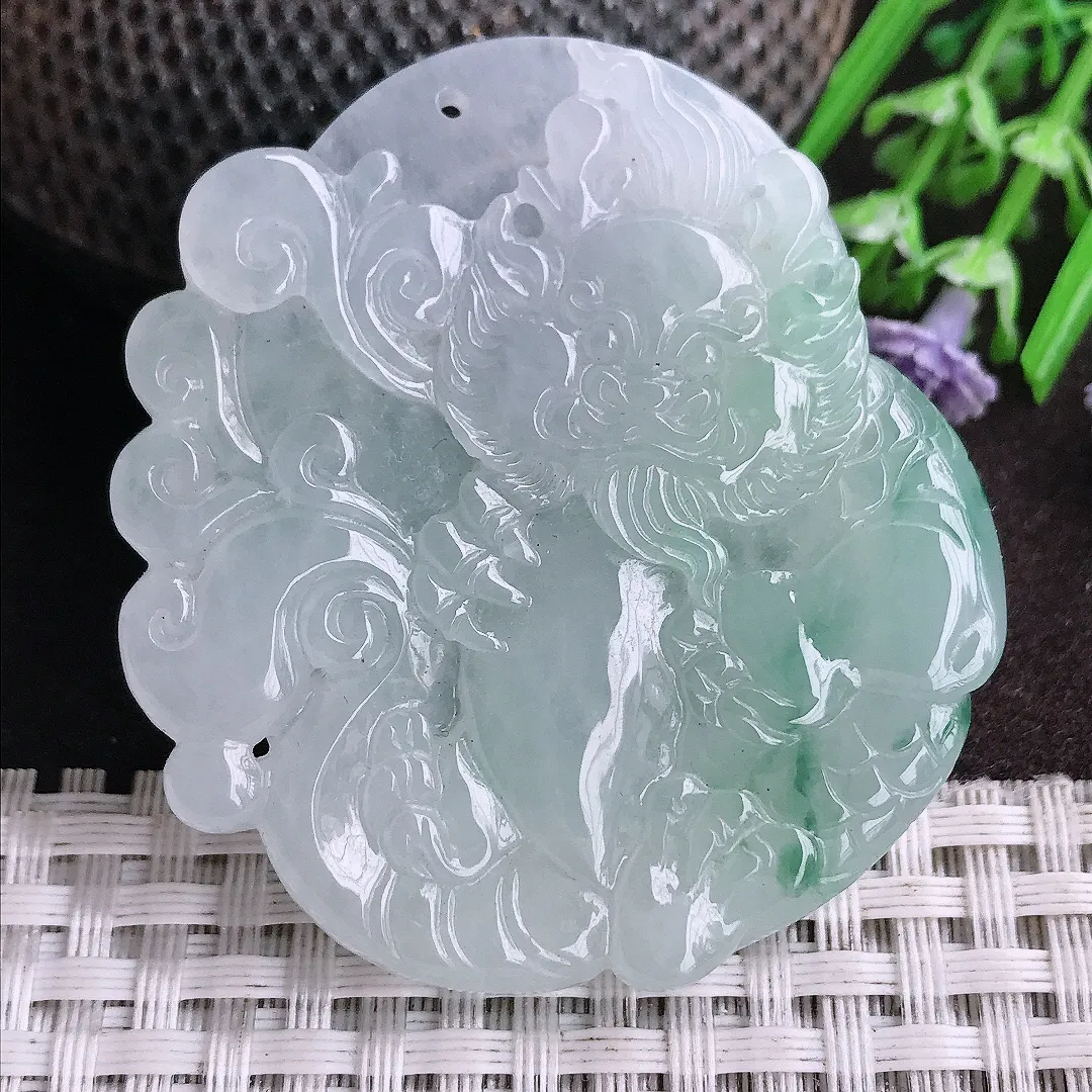 天然A货翡翠50.5/46/5.7老坑冰胶果冻飘花钟馗吊坠翡翠挂件