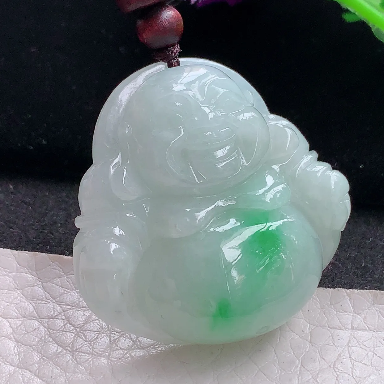 zen实拍46.8*48*14缅甸天然翡翠飘绿大佛公吊坠 大肚弥勒佛像玉坠