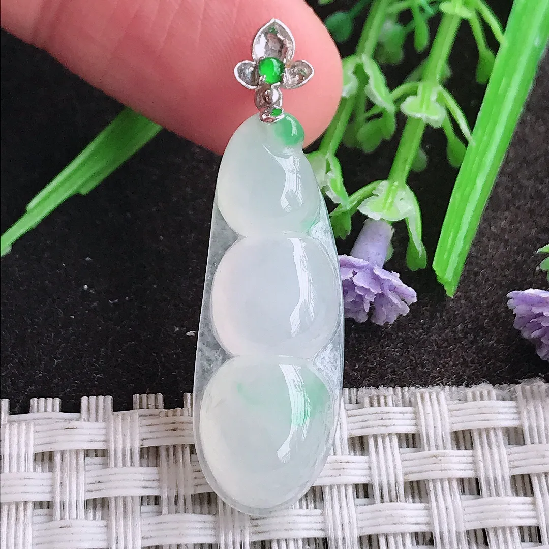 天然A货翡翠30.8/11.6/6老坑18k金镶嵌冰种起胶飘绿四季豆吊坠翡翠挂件