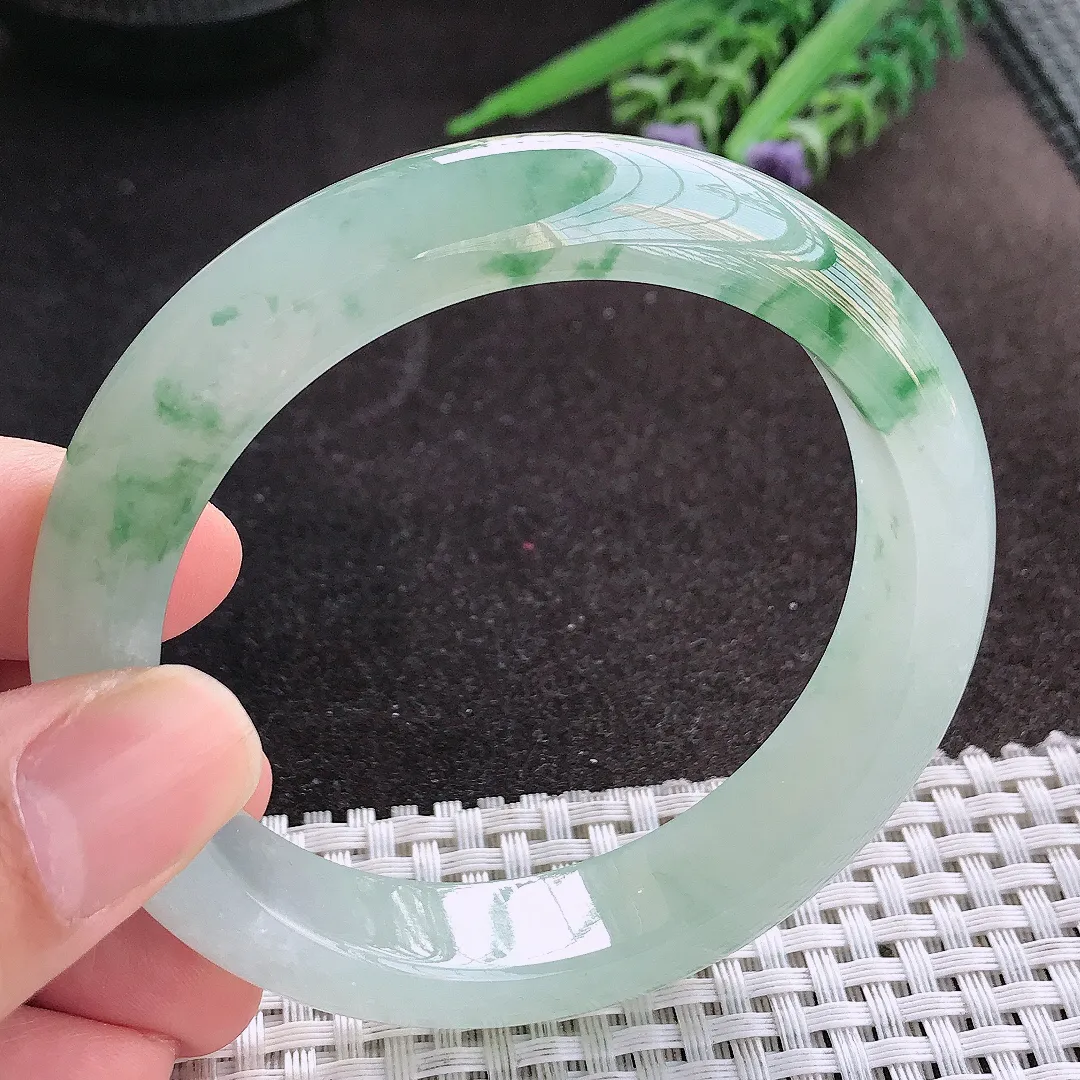 天然A货翡翠58/13/8.8老坑冰透果冻胶冰飘花手镯宽边玉镯