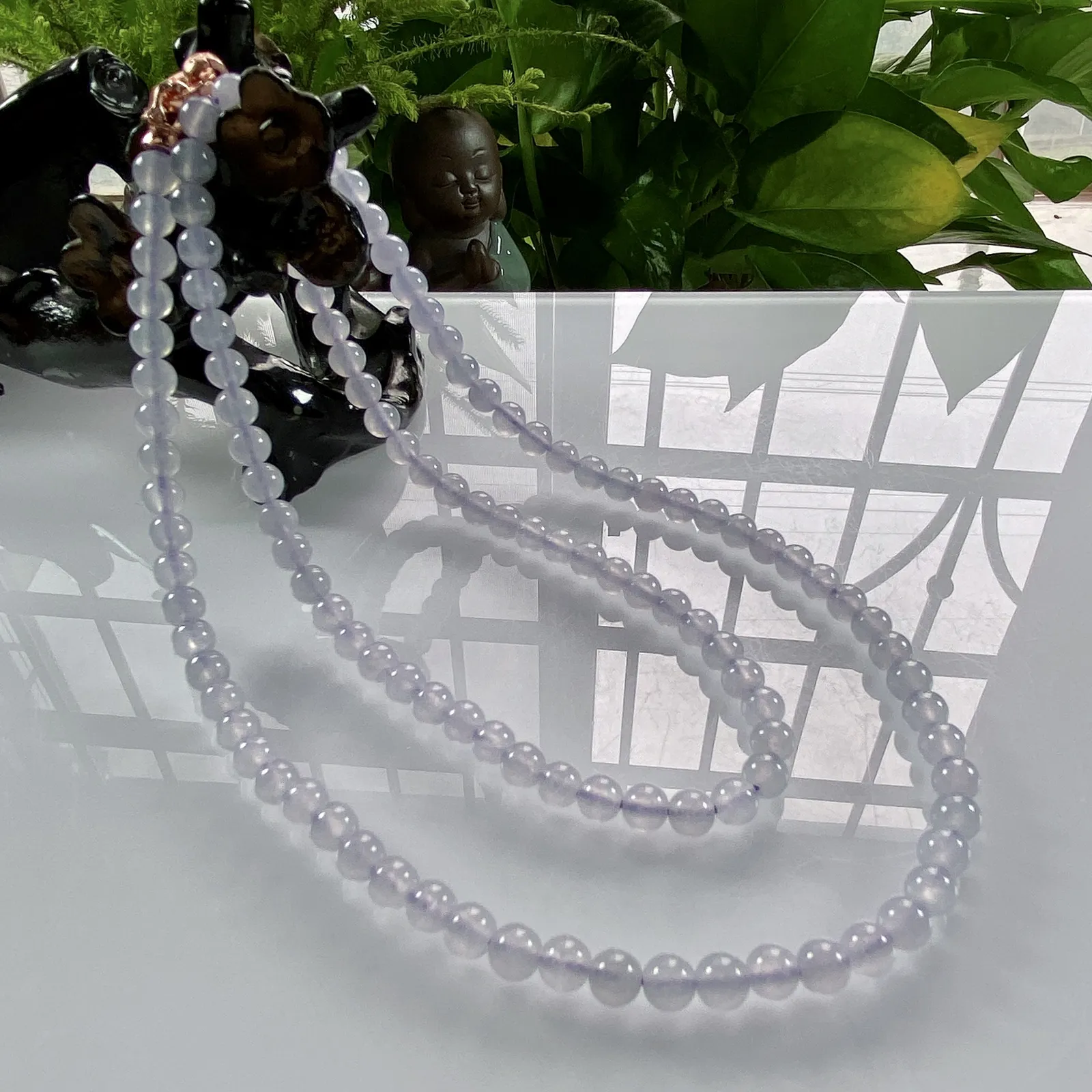 缅甸天然翡翠A货，卡5冰种起光浅紫冰紫圆珠项链手链，尺寸：5mm/120颗，长度590mm，重量：26.65g