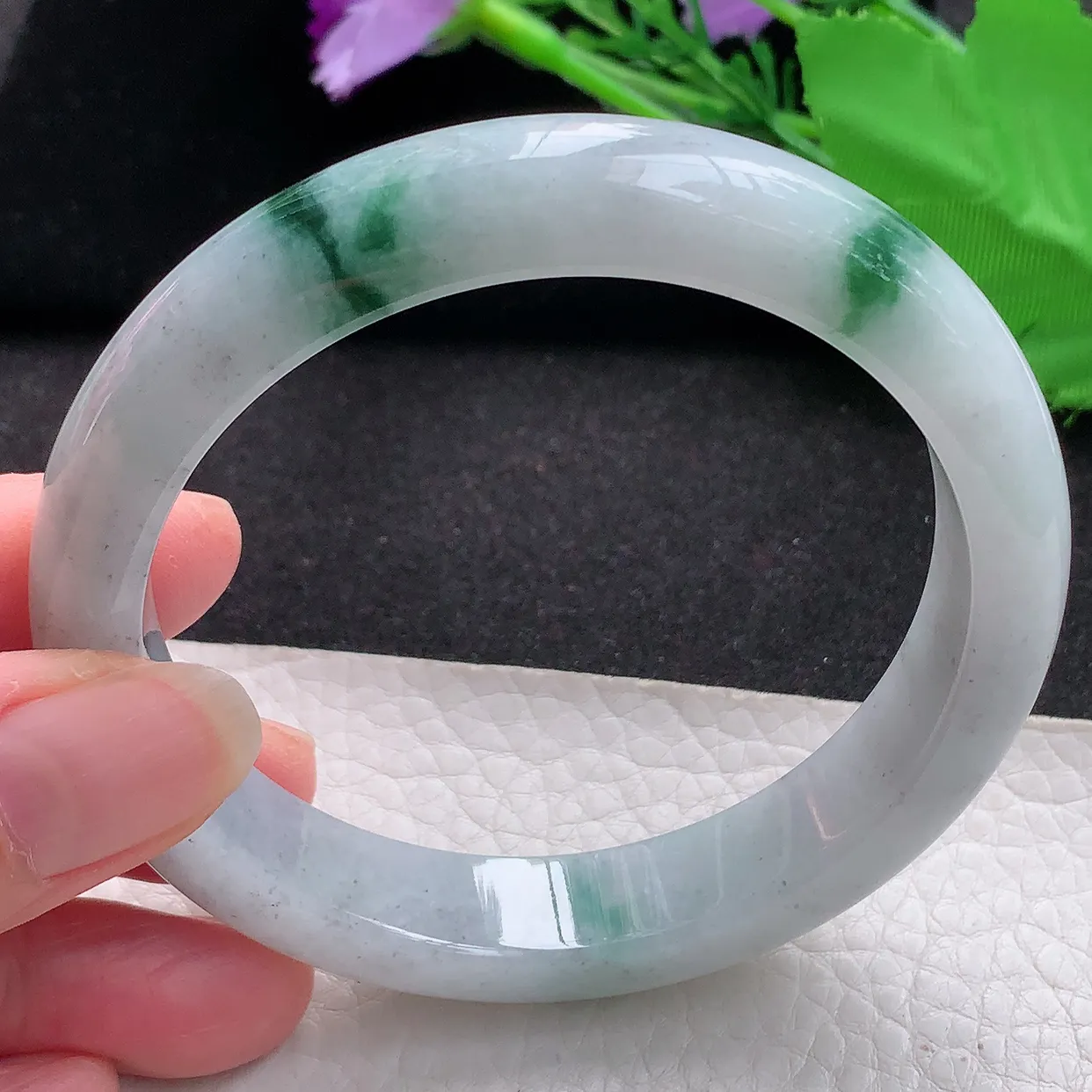 ll大圈口61*12.5*8.5平安镯 天然缅甸翡翠a货玉手镯飘花大气宽边玉手环