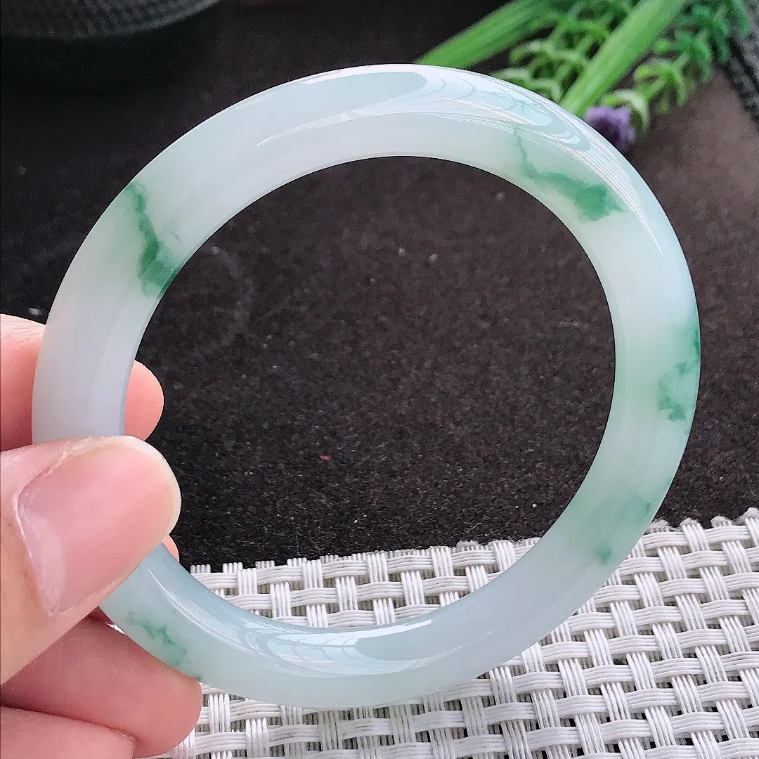 天然A货翡翠55/8.8/9.2老坑冰胶果冻飘花手镯蓝花宽边玉镯