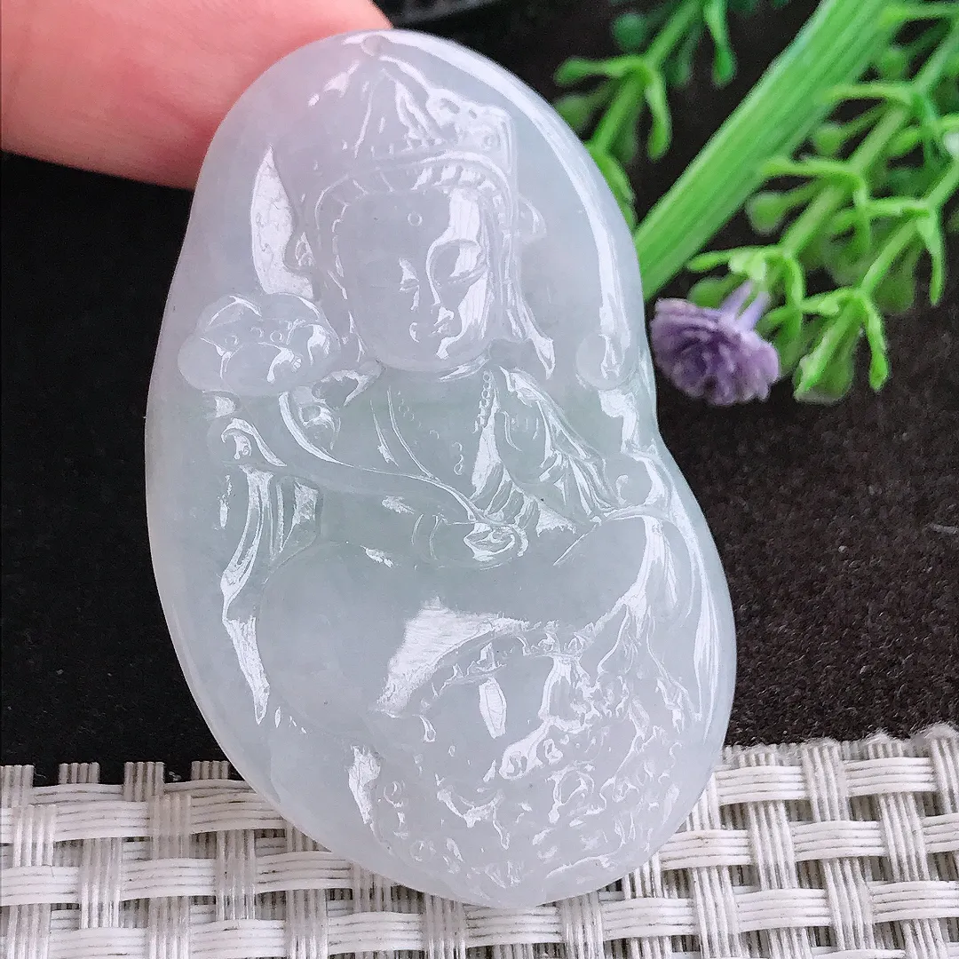 天然A货翡翠54.5/33.8/5.8老坑秀气冰润文殊菩萨吊坠翡翠挂件