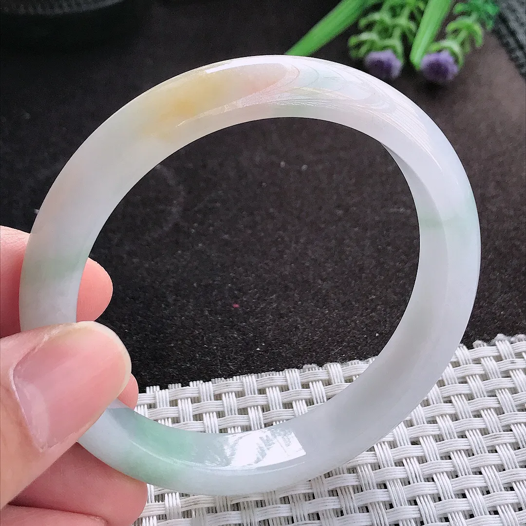 天然A货翡翠58.5/12/7.8老坑秀气油润飘花手镯宽边玉镯