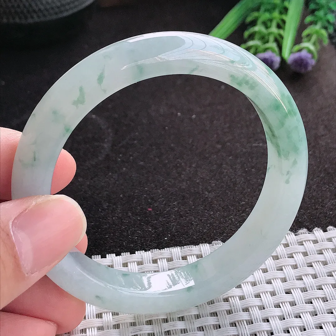 天然A货翡翠55.5/11/8.5老坑冰胶水灵飘花手镯宽边玉镯