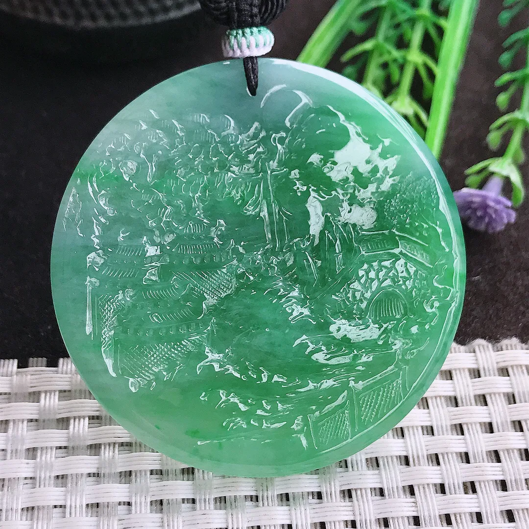 天然A货翡翠54.2/6老坑冰胶水灵满绿山水牌圆牌吊坠翡翠挂件
