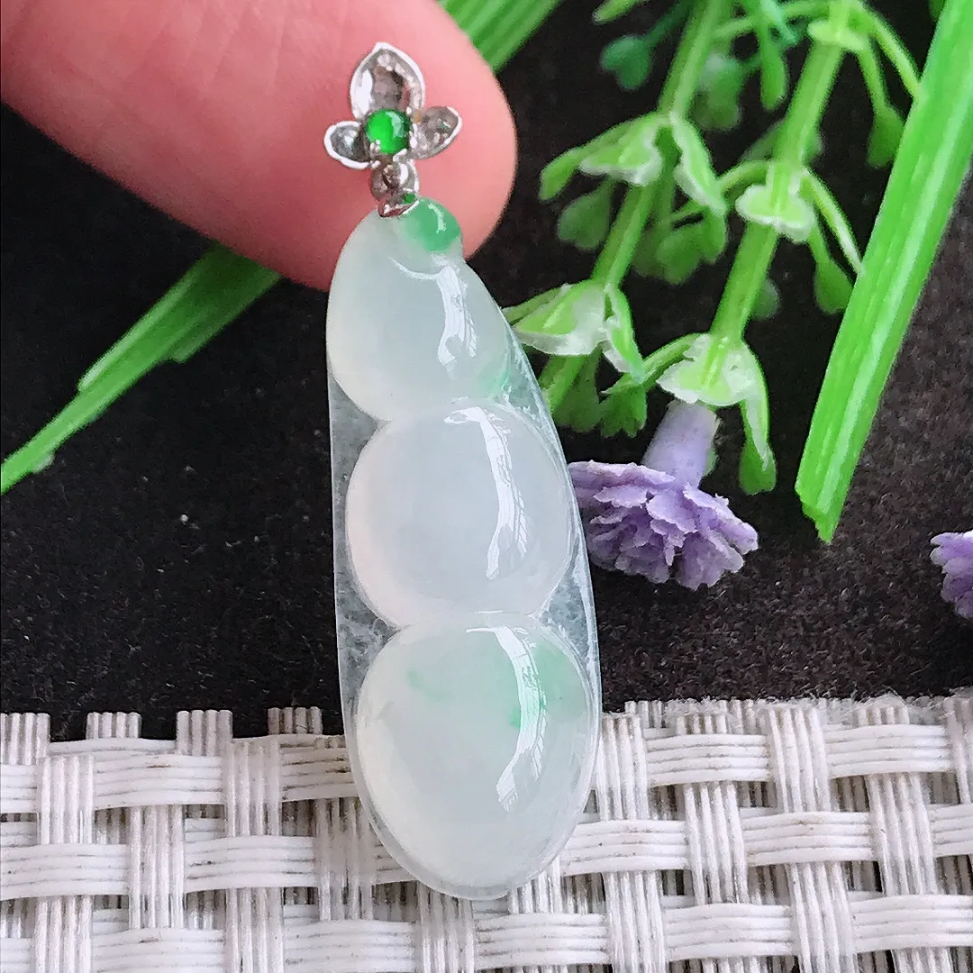 天然A货翡翠30.8/11.6/6老坑18k金镶嵌冰种起胶飘绿四季豆吊坠翡翠挂件