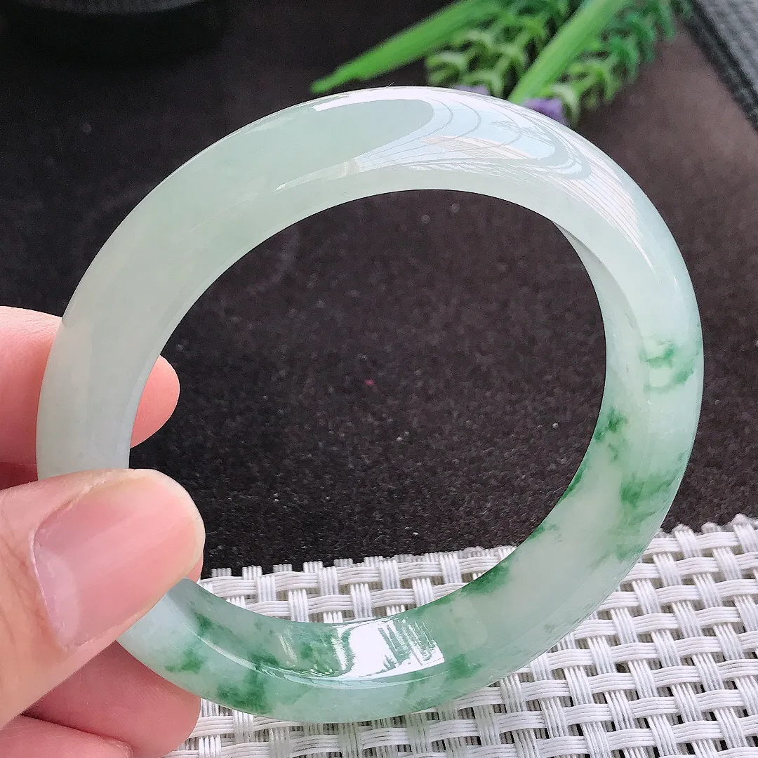 天然A货翡翠58/13/8.8老坑冰透果冻胶冰飘花手镯宽边玉镯