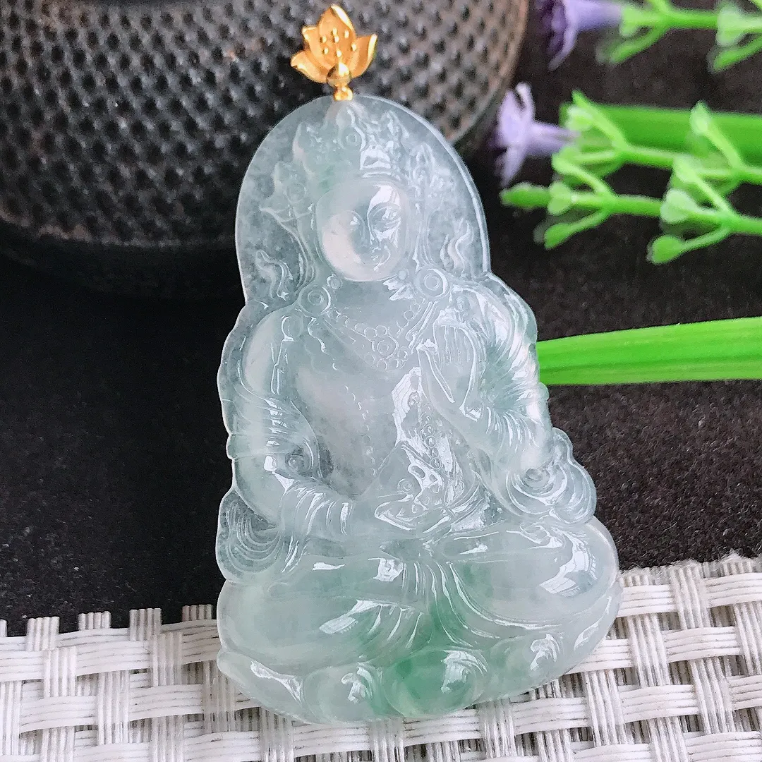 天然A货翡翠48/31.3/4.7老坑18k金镶嵌冰飘花渡母菩萨吊坠翡翠挂件