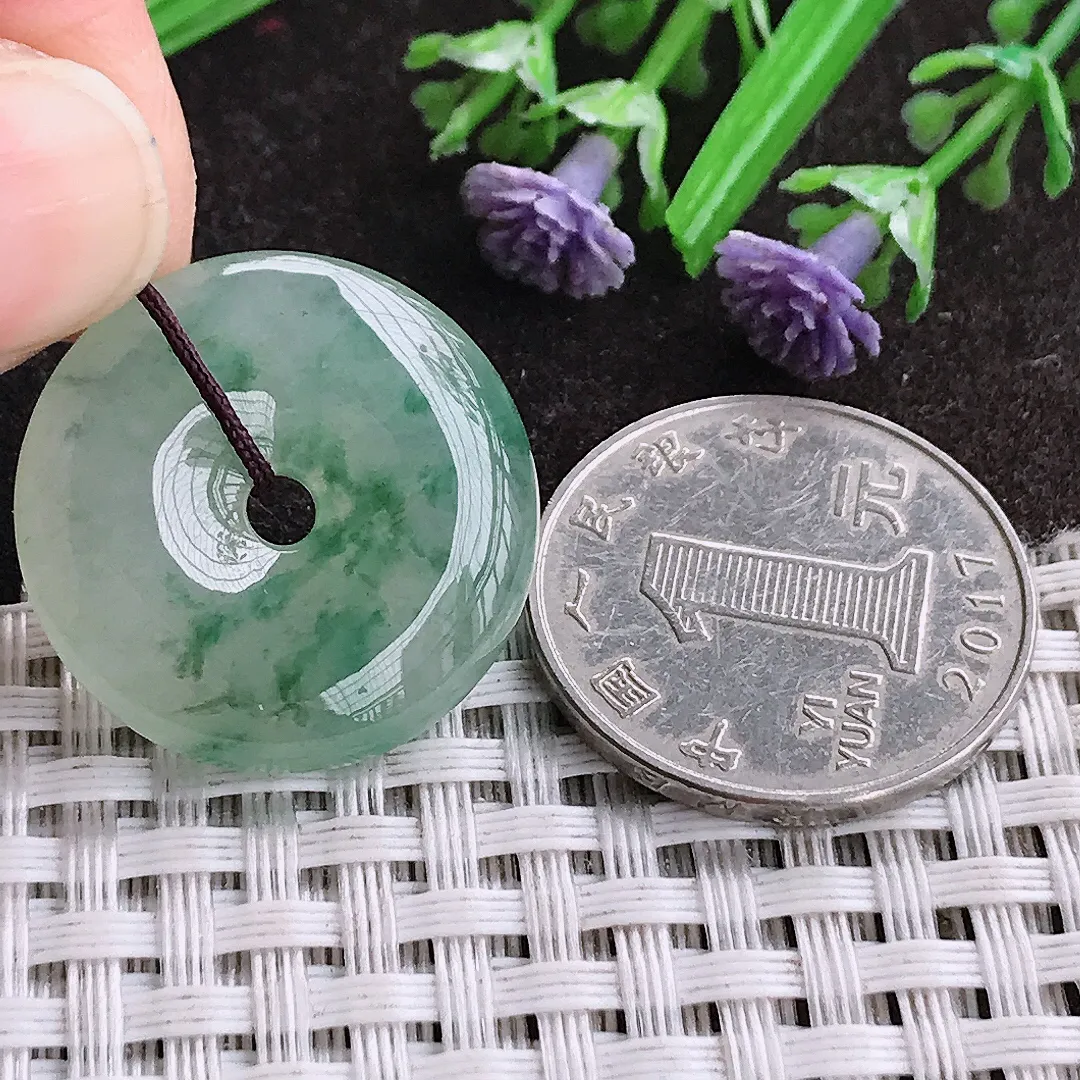 天然A货翡翠24.8/5.3老坑冰胶果冻冰飘花平安扣吊坠翡翠挂件