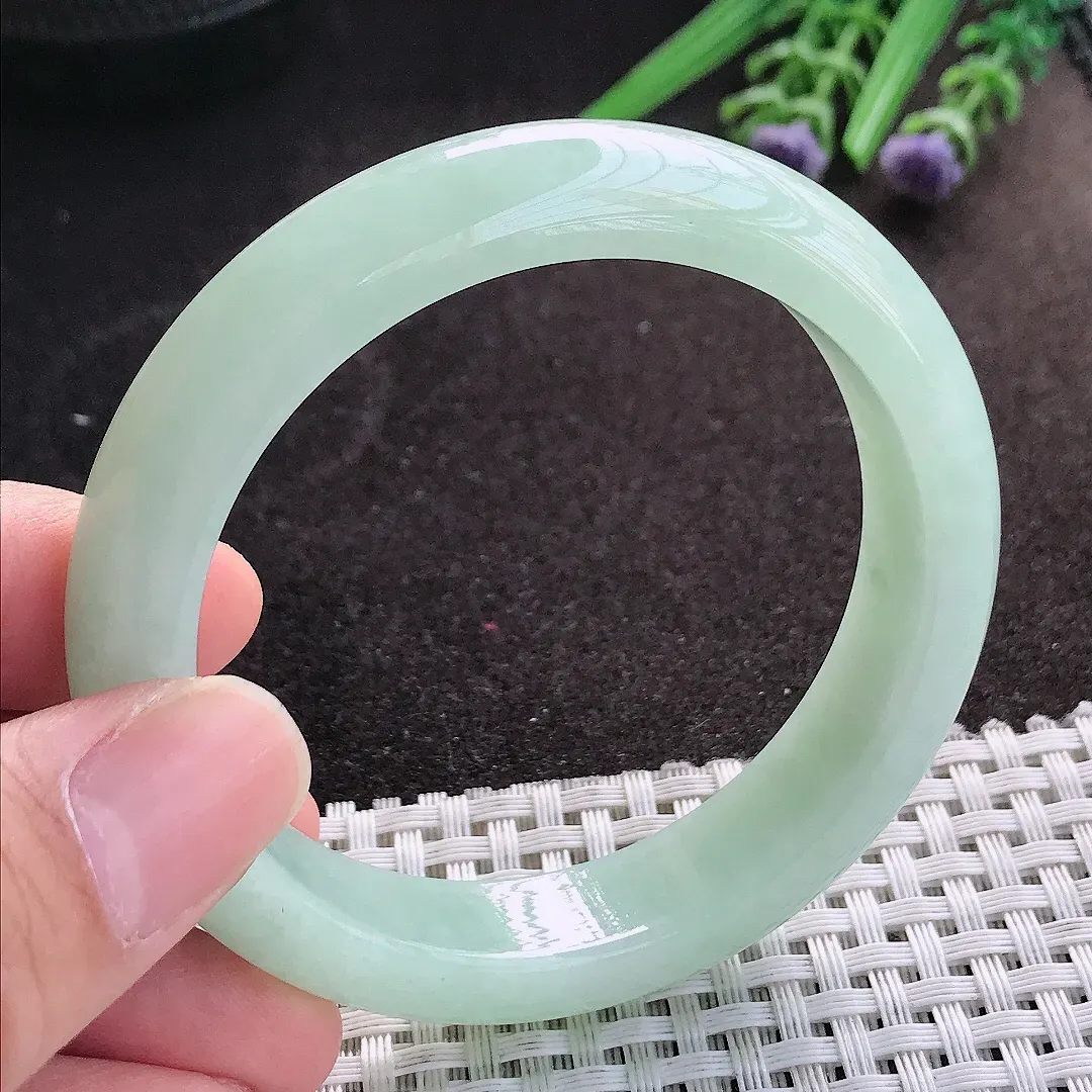 天然A货翡翠55/12.6/8.5老坑冰润起胶冰晴绿手镯宽边玉镯手环