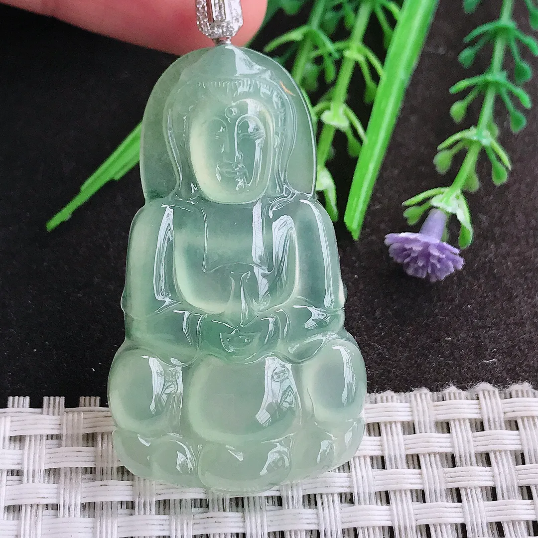 天然A货翡翠50.5/29.5/5.5老坑18k金镶嵌冰种果冻冰晴满绿观音吊坠翡翠挂件