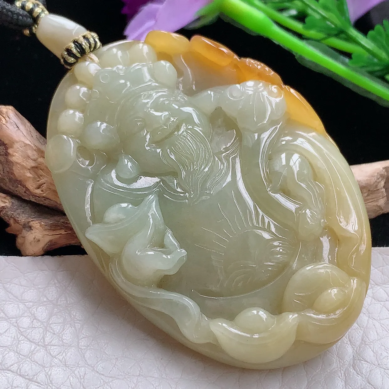 yl实拍59.5*42.6*10.8缅甸天然翡翠黄翡财神爷吊坠 男款厚装招财进宝玉坠