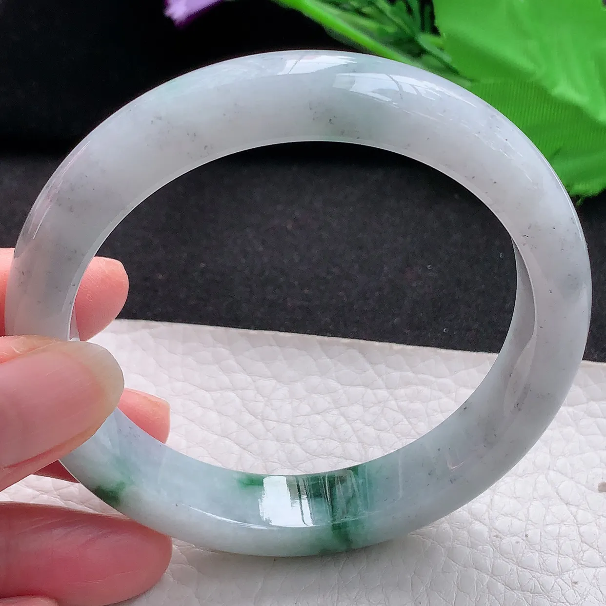 ll大圈口61*12.5*8.5平安镯 天然缅甸翡翠a货玉手镯飘花大气宽边玉手环