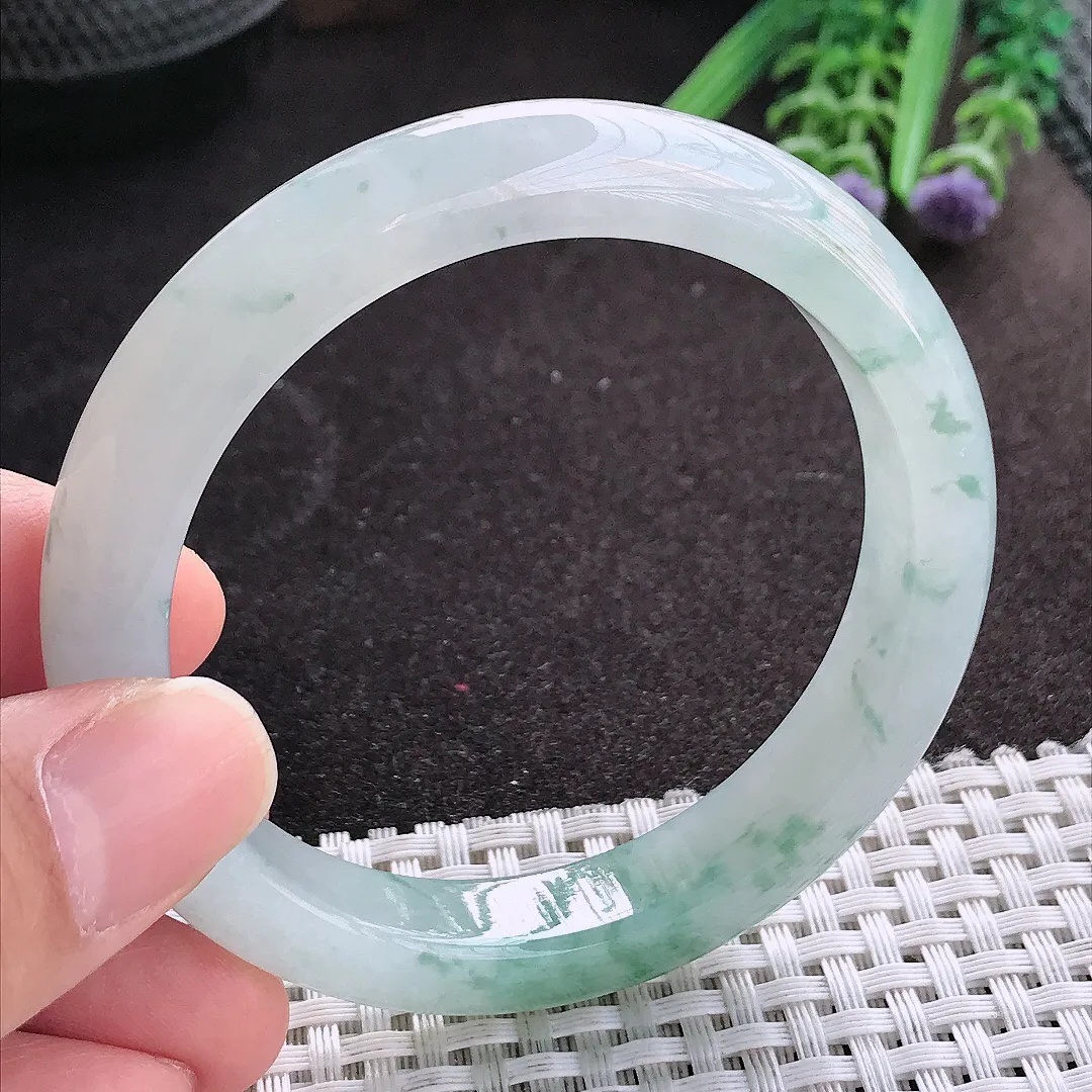 天然A货翡翠55.5/11/8.5老坑冰胶水灵飘花手镯宽边玉镯