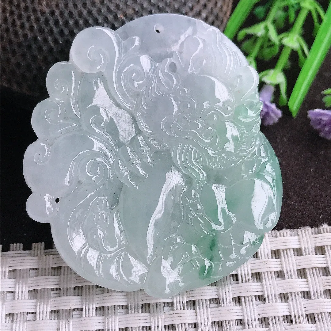 天然A货翡翠50.5/46/5.7老坑冰胶果冻飘花钟馗吊坠翡翠挂件