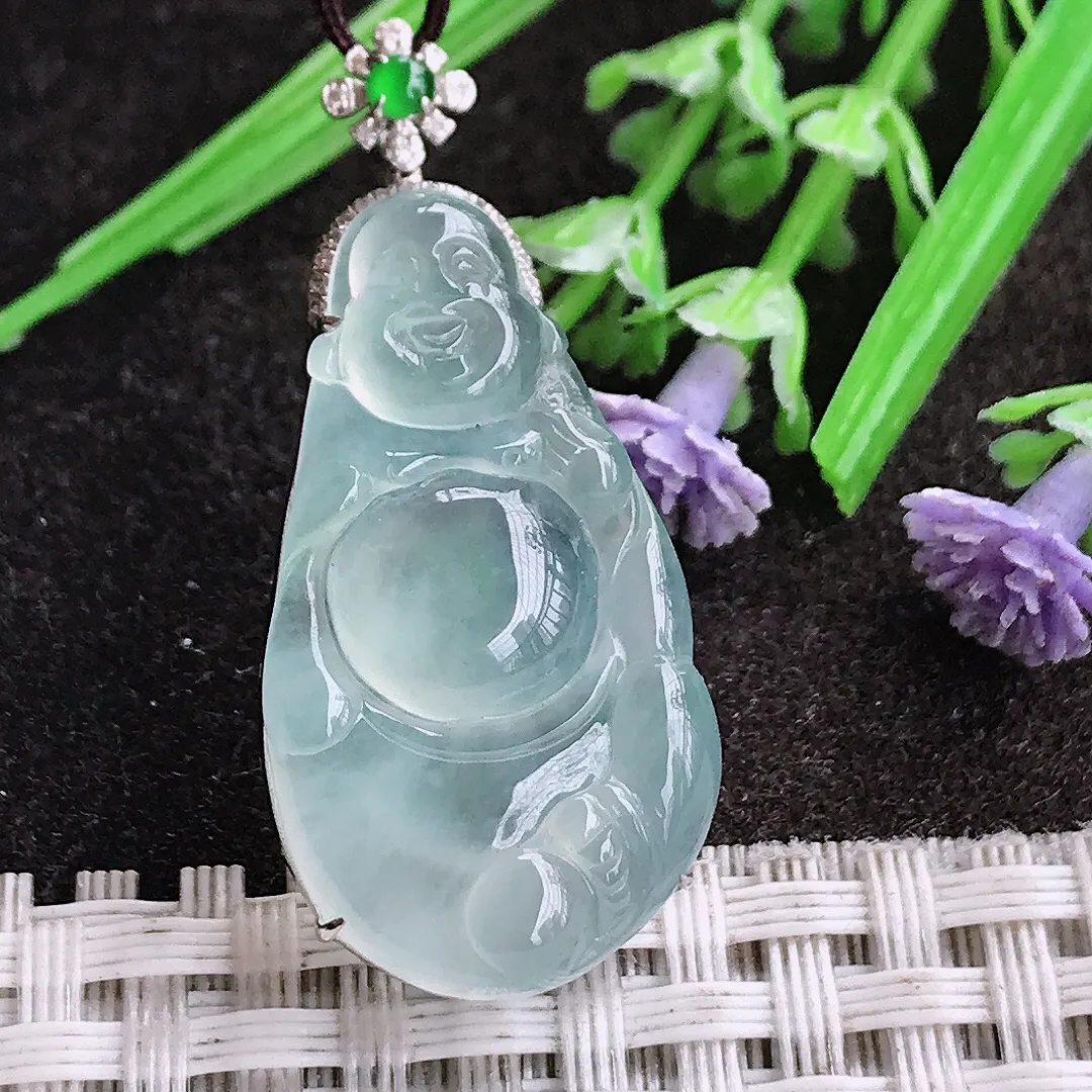 天然A货翡翠38.4/17.6/7.5老坑18k金镶嵌冰种佛公吊坠翡翠白冰玉佛挂件