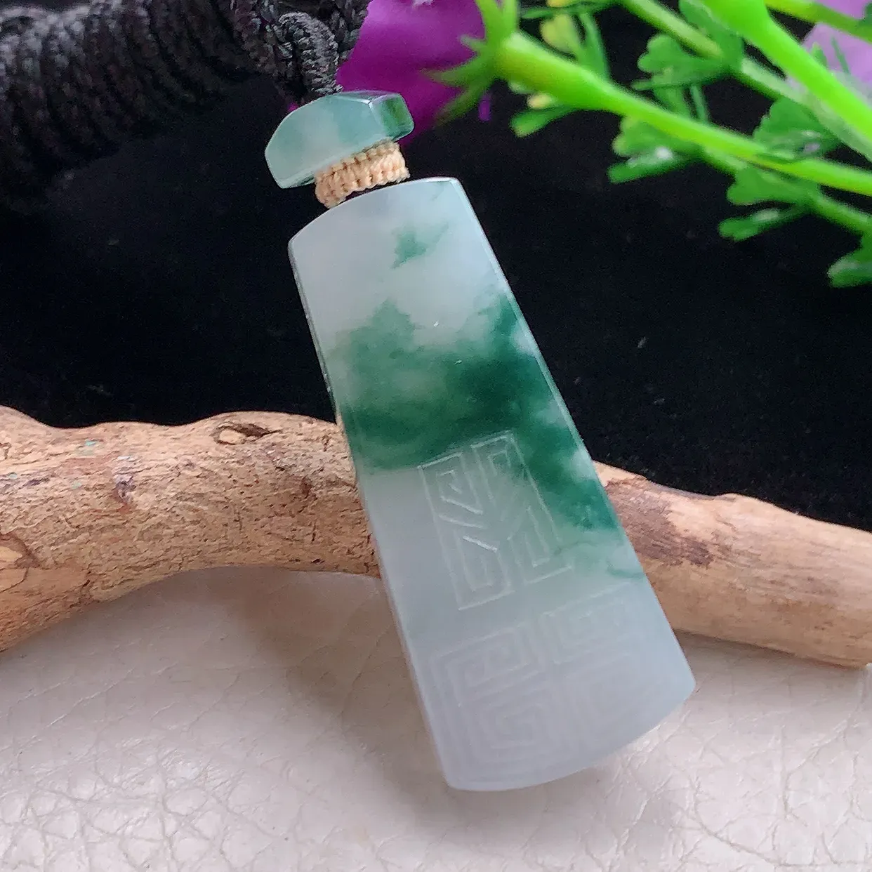 yl实拍39.3 *17.2*6缅甸天然翡翠冰飘花平安无事牌吊坠雕花素牌玉坠