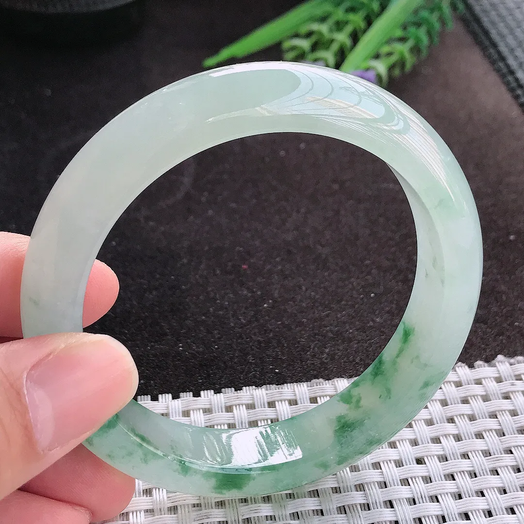 天然A货翡翠58/13/8.8老坑冰透果冻胶冰飘花手镯宽边玉镯