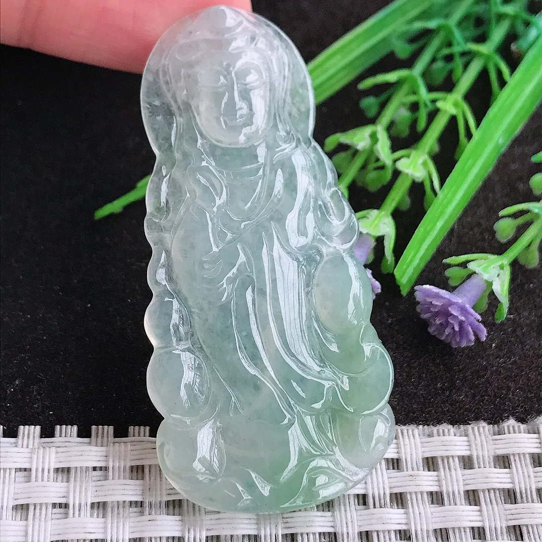 天然A货翡翠57/27.8/4.2老坑冰胶果冻冰晴观音菩萨吊坠翡翠挂件