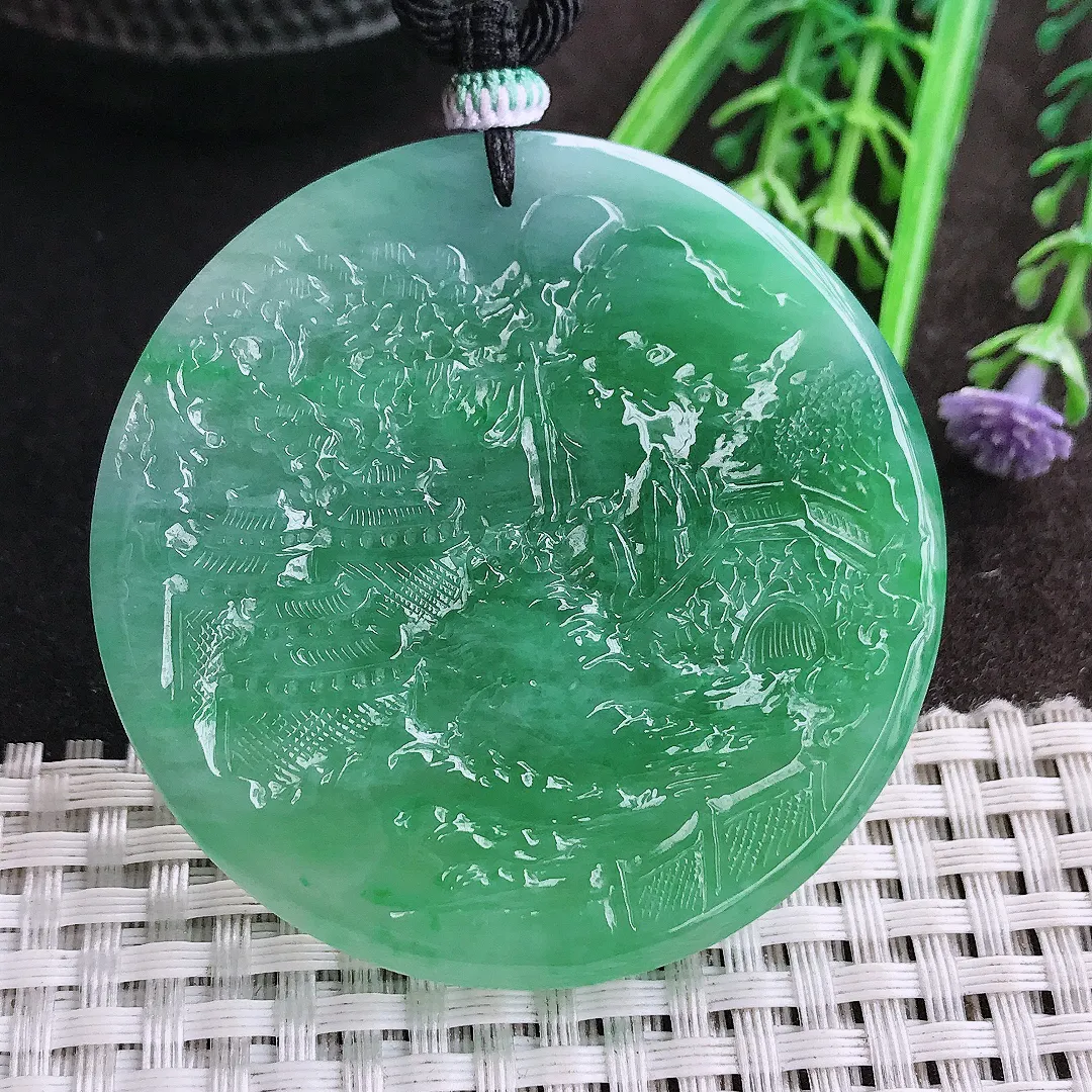 天然A货翡翠54.2/6老坑冰胶水灵满绿山水牌圆牌吊坠翡翠挂件