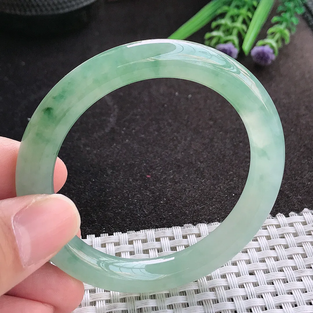 天然A货翡翠52.8/9.3/9.2老坑冰胶果冻冰晴飘花圆条手镯翡翠玉镯