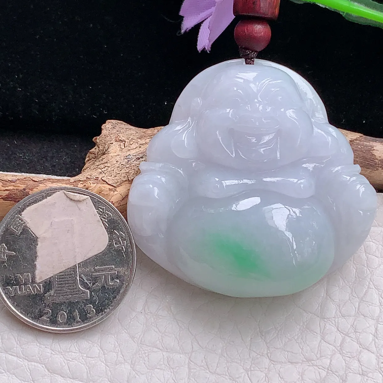 zen实拍41.8*43.6*12缅甸天然翡翠飘绿大佛公吊坠 白底青大肚弥勒佛像玉坠
