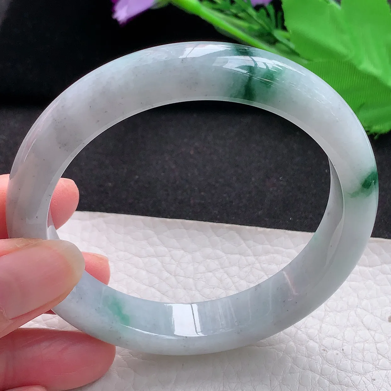 ll大圈口61*12.5*8.5平安镯 天然缅甸翡翠a货玉手镯飘花大气宽边玉手环