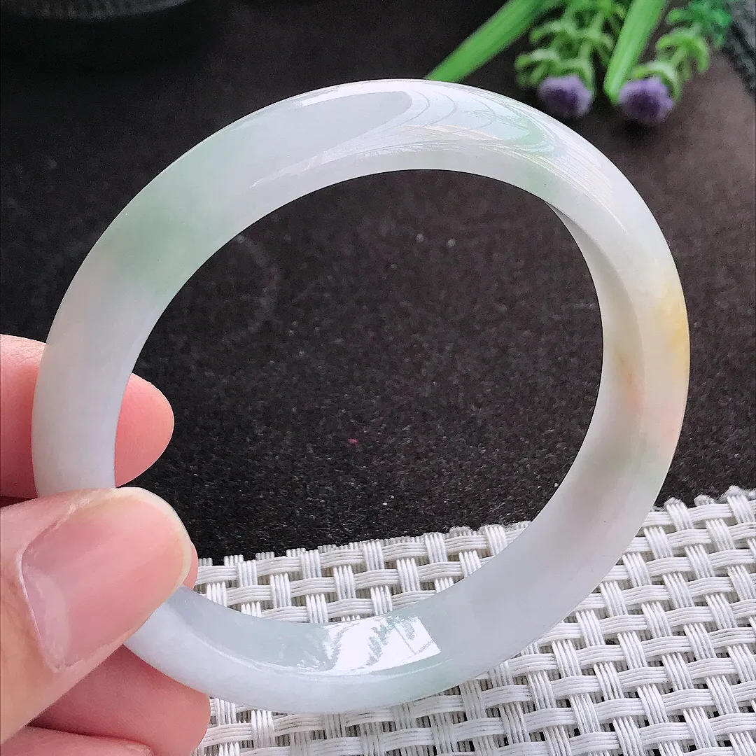 天然A货翡翠58.5/12/7.8老坑秀气油润飘花手镯宽边玉镯