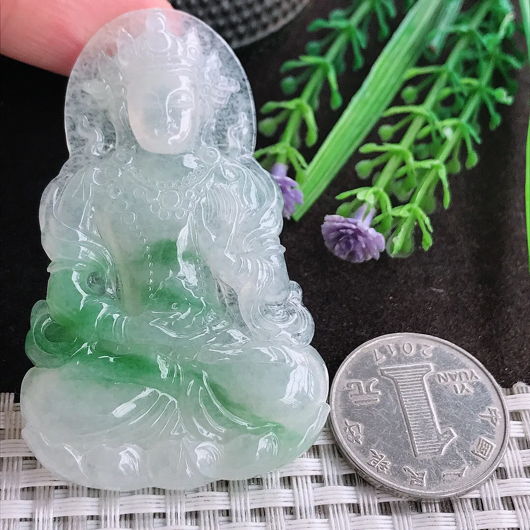 天然A货翡翠63.9/40/6老坑精美冰胶飘绿渡母菩萨吊坠翡翠挂件