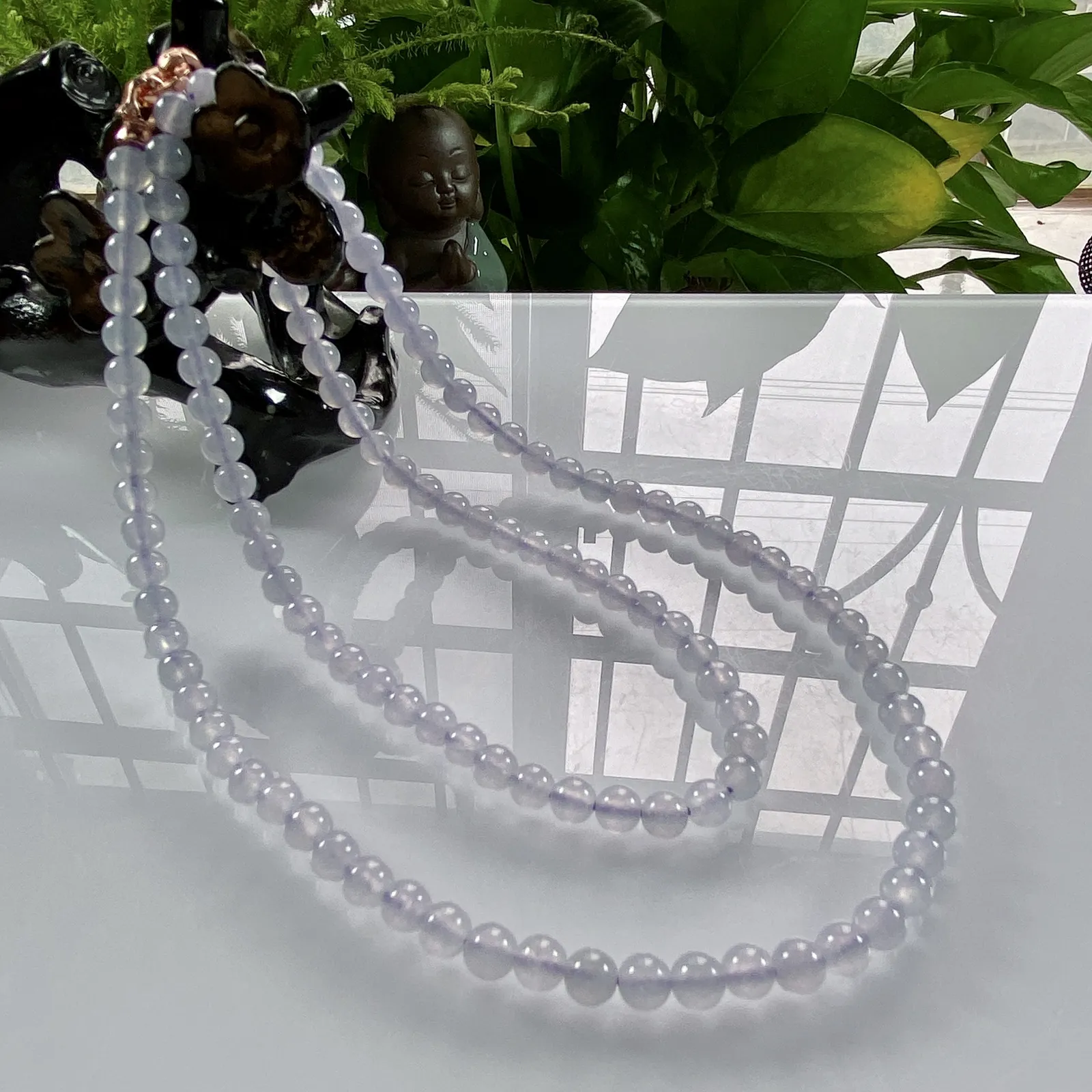 缅甸天然翡翠A货，卡5冰种起光浅紫冰紫圆珠项链手链，尺寸：5mm/120颗，长度590mm，重量：26.65g