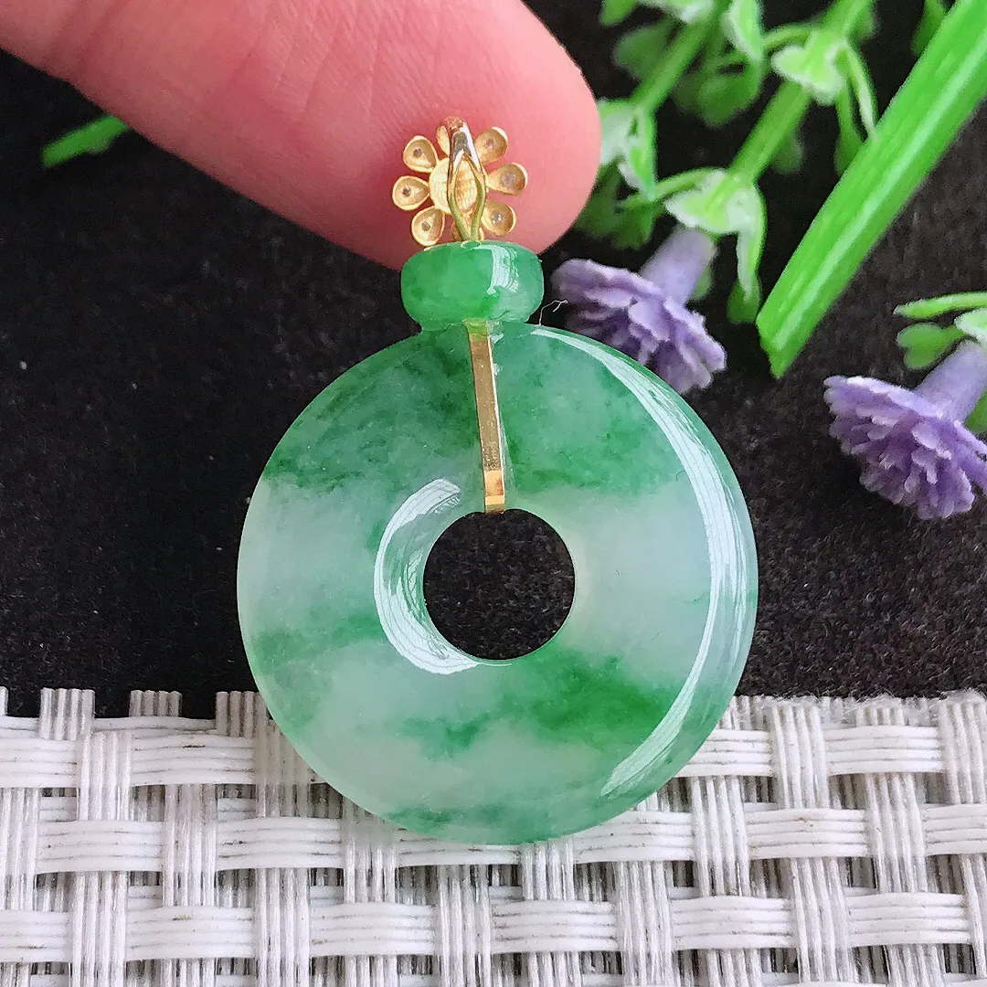 天然A货翡翠24.2/3.5老坑18k金镶嵌冰阳绿玉环吊坠翡翠平安扣挂件