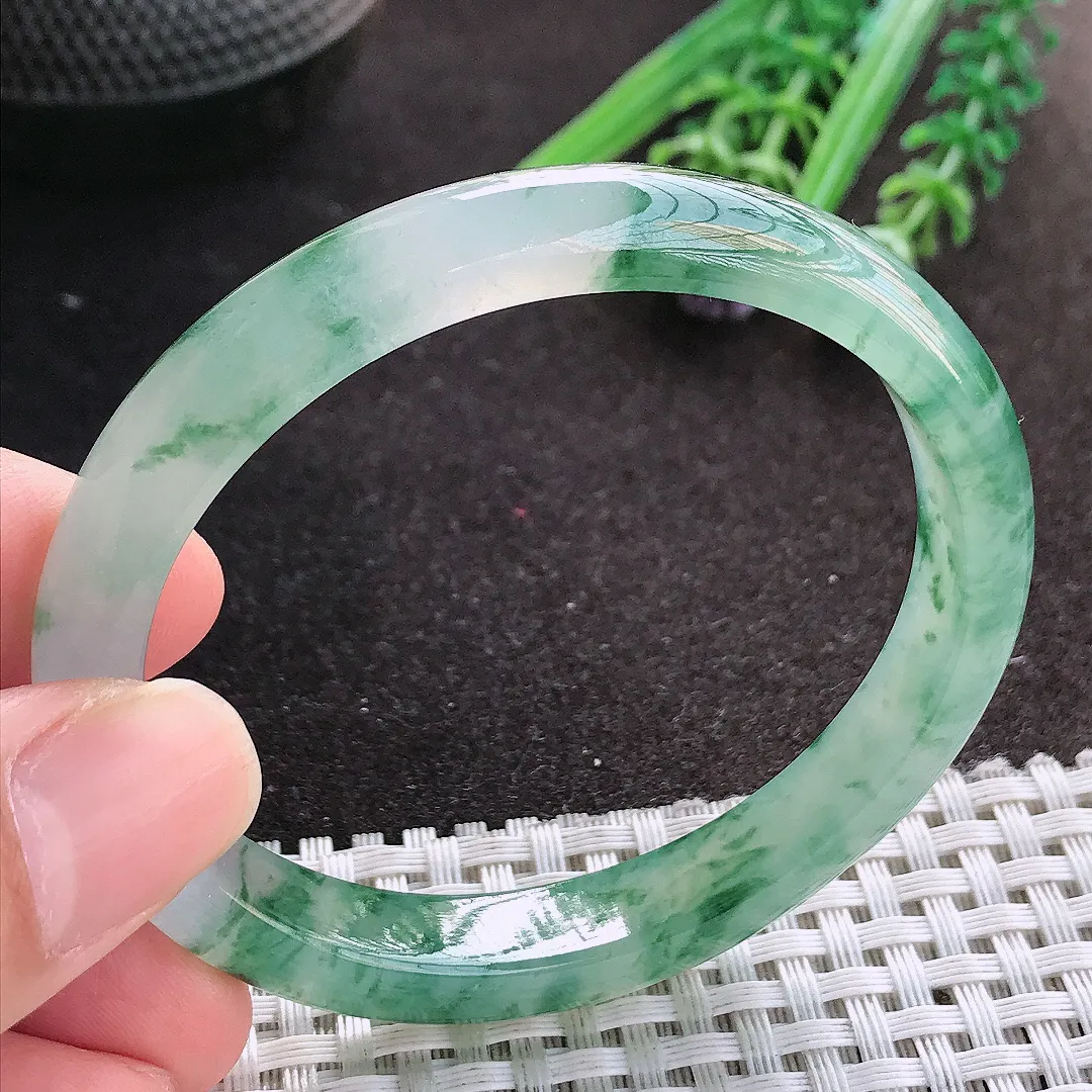 天然A货翡翠55.5/49.8/10/7老坑冰胶果冻冰飘花贵妃手镯宽边玉镯