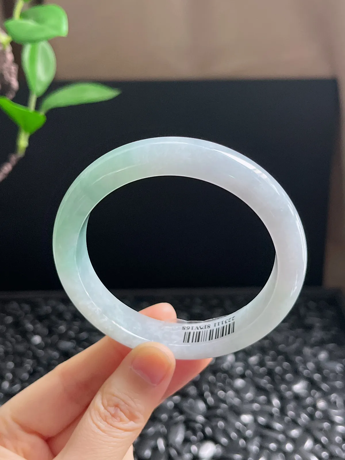 正圈57.9圈口，翡翠冰糯种淡绿色手镯