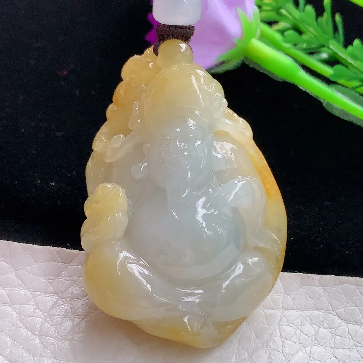 yl实拍46.8*31.8*19.6缅甸天然翡翠黄翡财神爷吊坠 冰润巧雕招财玉坠
