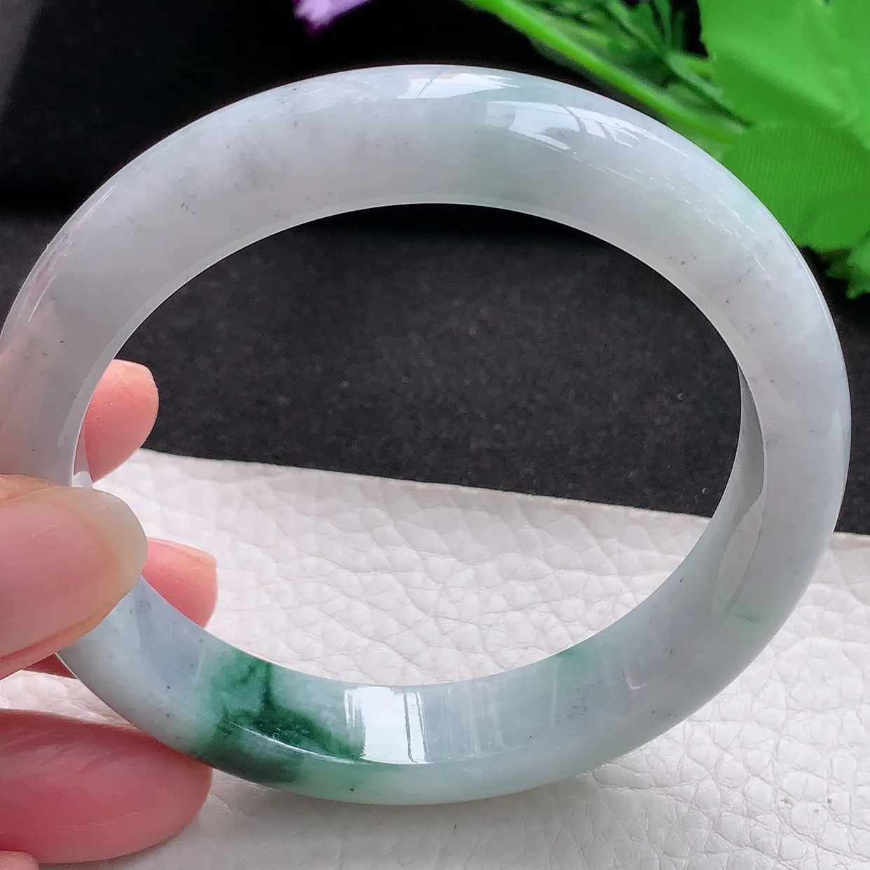 ll大圈口61*12.5*8.5平安镯 天然缅甸翡翠a货玉手镯飘花大气宽边玉手环