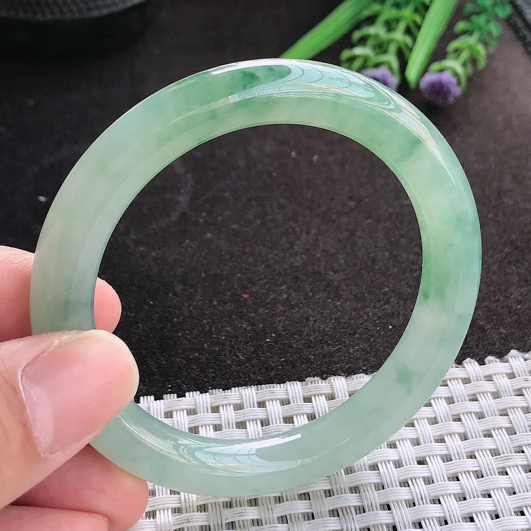 天然A货翡翠52.8/9.3/9.2老坑冰胶果冻冰晴飘花圆条手镯翡翠玉镯