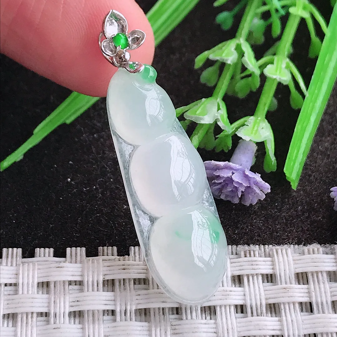 天然A货翡翠30.8/11.6/6老坑18k金镶嵌冰种起胶飘绿四季豆吊坠翡翠挂件