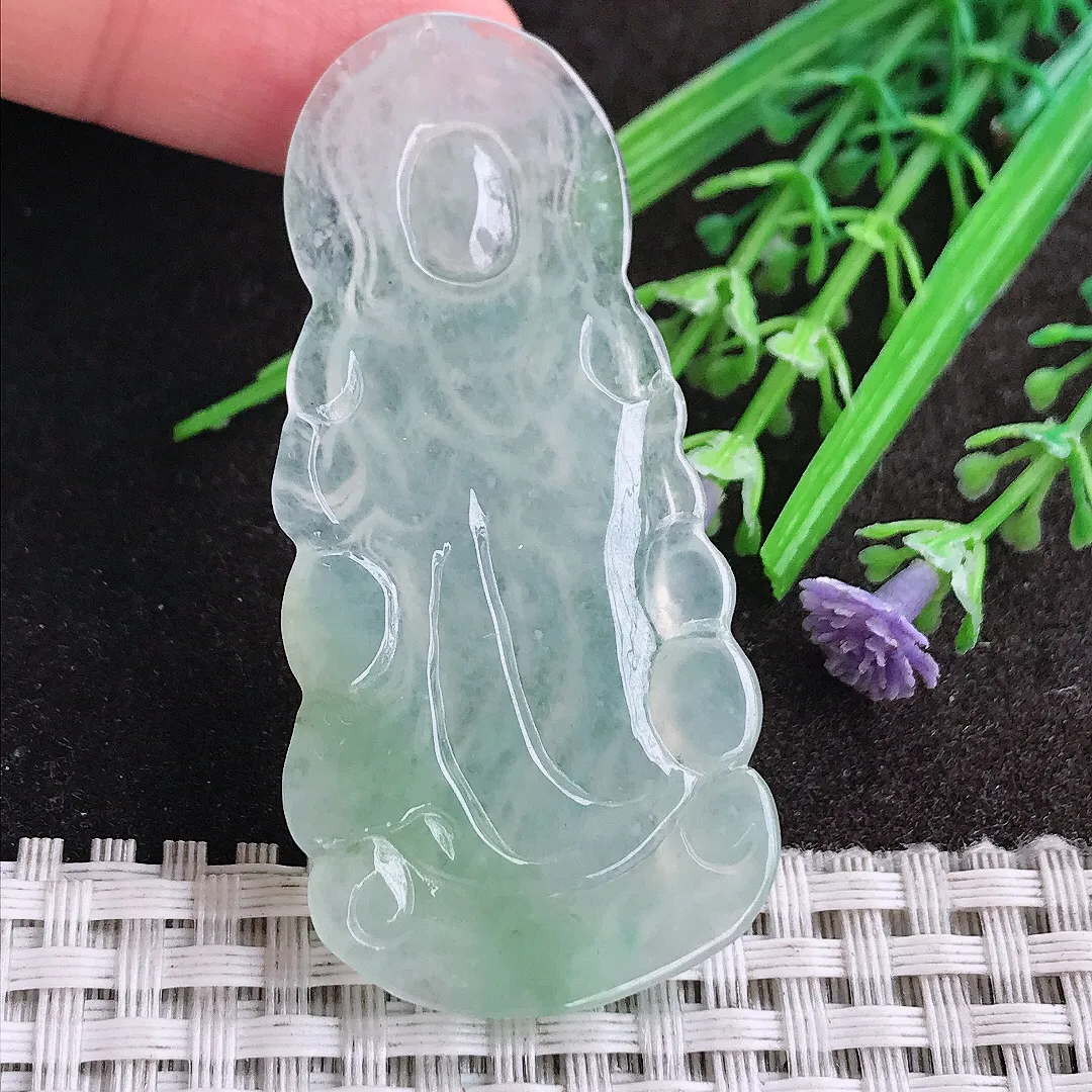 天然A货翡翠57/27.8/4.2老坑冰胶果冻冰晴观音菩萨吊坠翡翠挂件