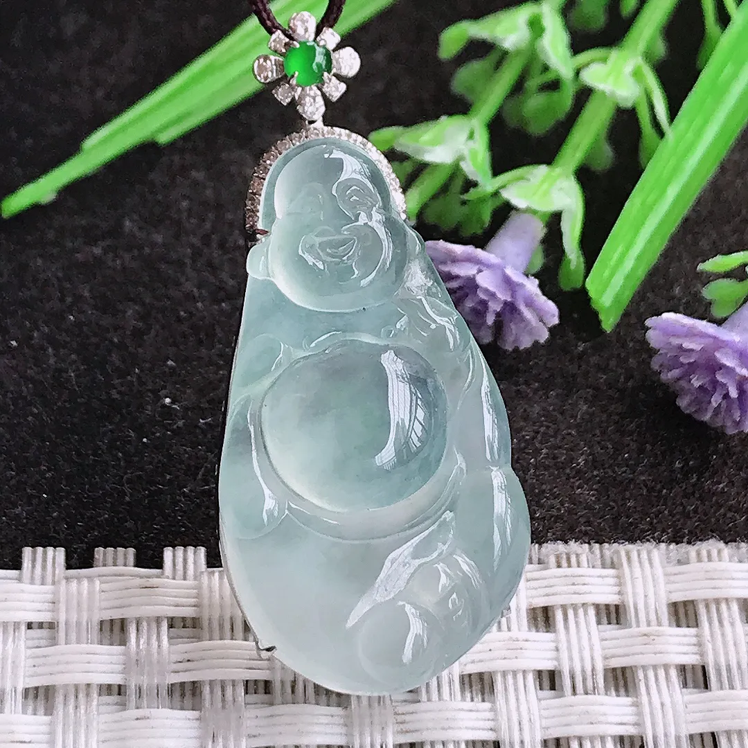 天然A货翡翠38.4/17.6/7.5老坑18k金镶嵌冰种佛公吊坠翡翠白冰玉佛挂件