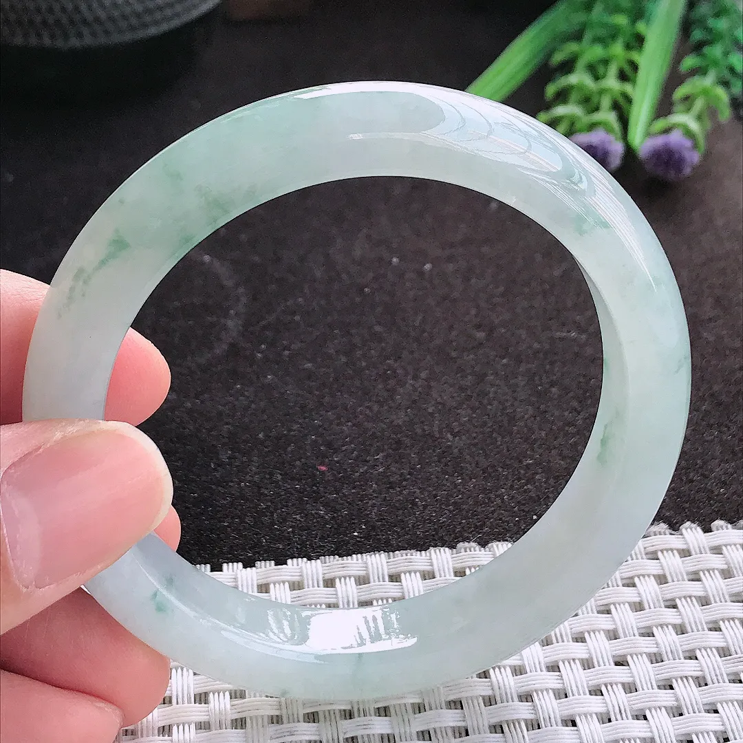 天然A货翡翠55.5/11/8.5老坑冰胶水灵飘花手镯宽边玉镯